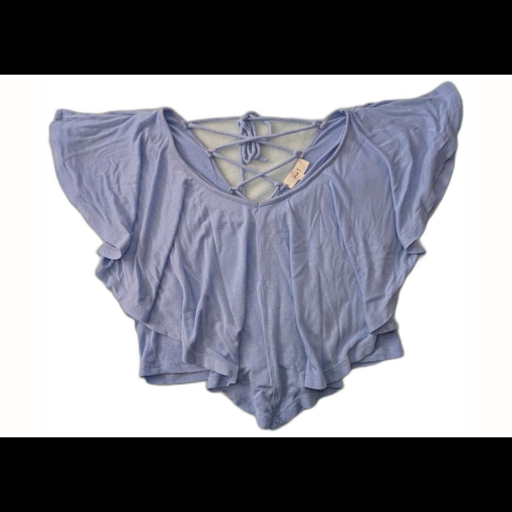 Love J Light Blue Ruffle Sleeve Lace-Up Back Crop Top – Size M
